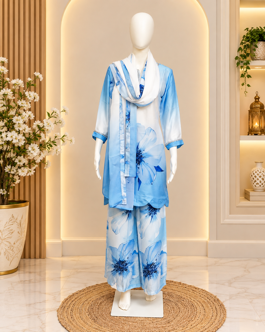 Sahmira Blue Blossom 3-Piece Premium Co-Ord Set