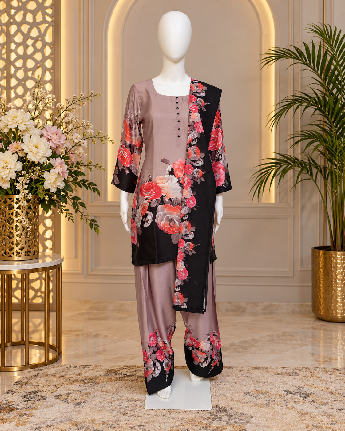 Sahmira Rose Noir Mauve 3-Piece Floral Premium Kurta Set