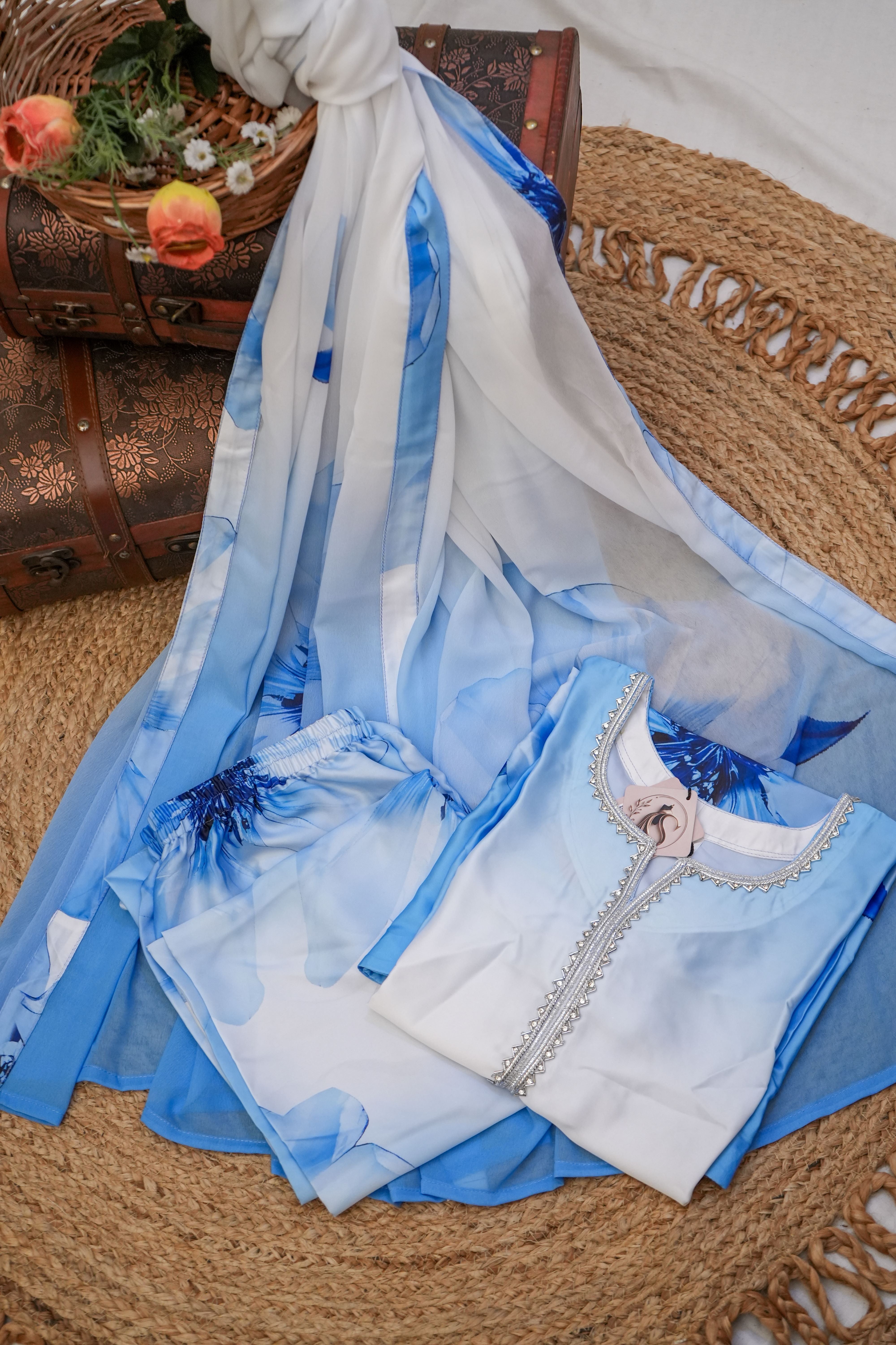 Sahmira Blue Blossom 3-Piece Premium Co-Ord Set