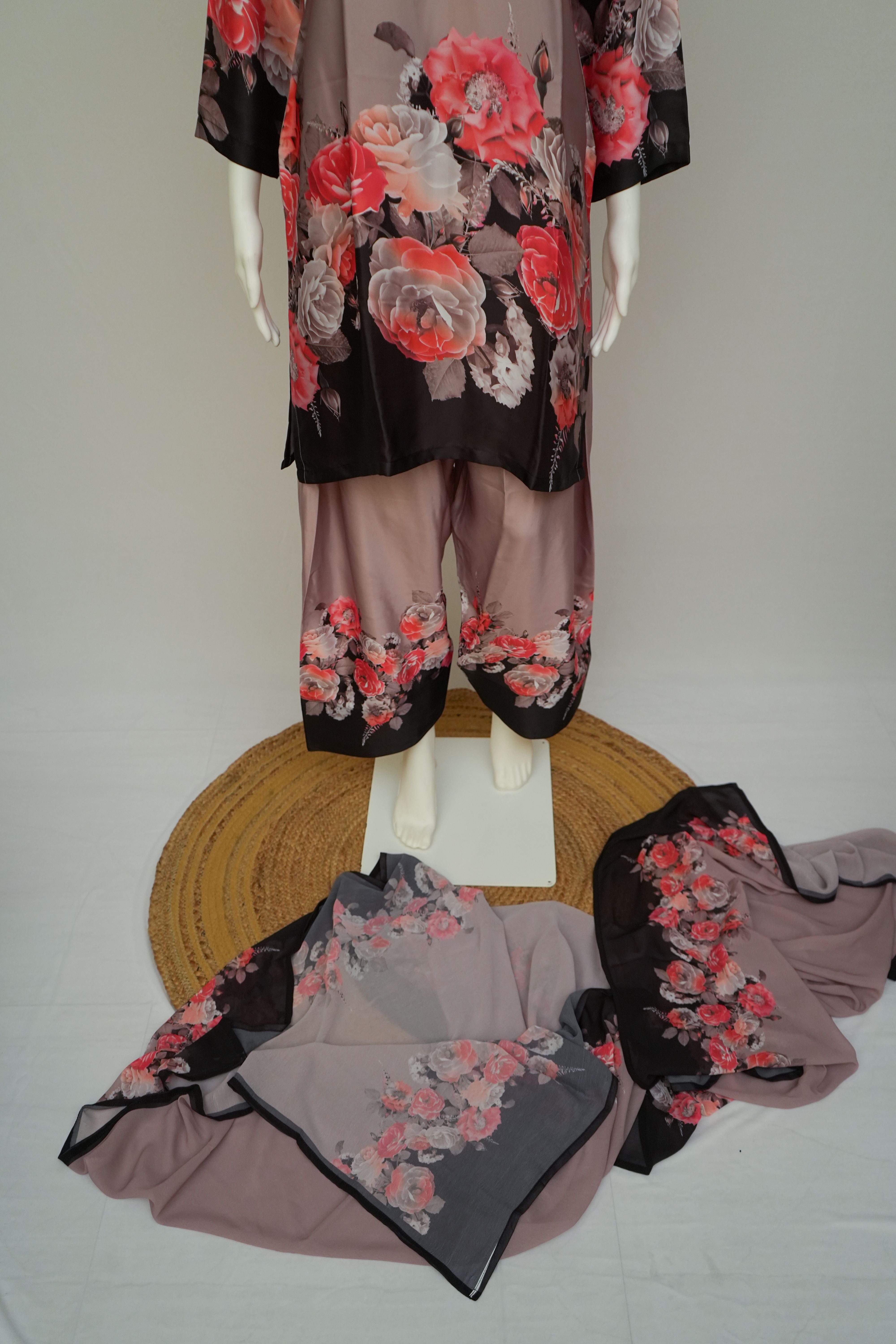 Sahmira Rose Noir Mauve 3-Piece Floral Premium Kurta Set